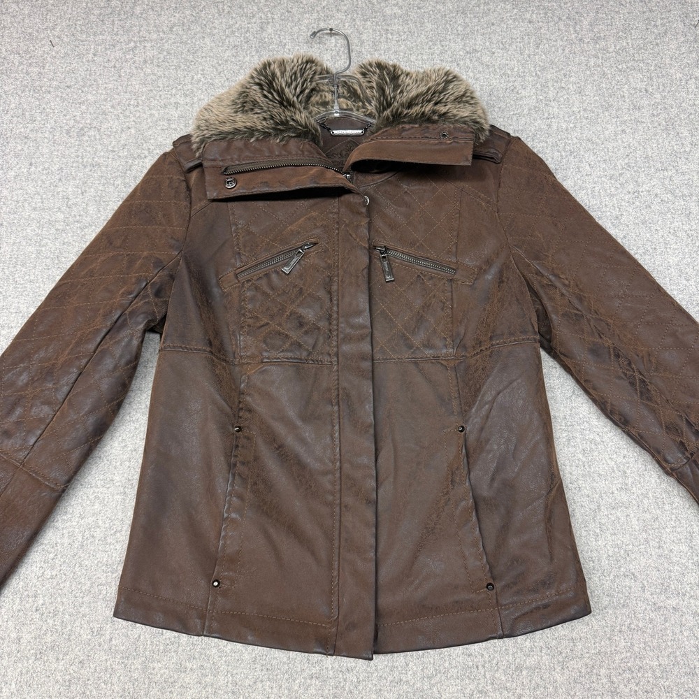 Jou Jou Faux Leather Jacket Small Brown Faux Fur Collar Quilted Moto Zip Coat